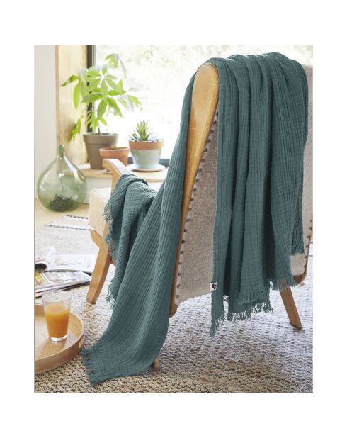 Plaid à franges Gaze de coton Gaïa bleu