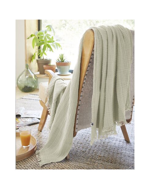 Plaid à franges Gaze de coton Gaïa vert clair