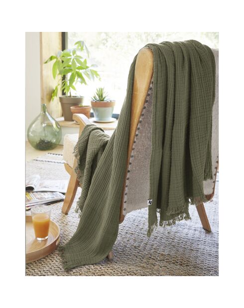 Plaid à franges Gaze de coton Gaïa kaki