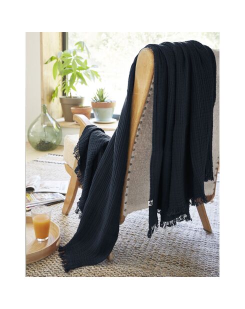 Plaid à franges Gaze de coton Gaïa bleu foncé