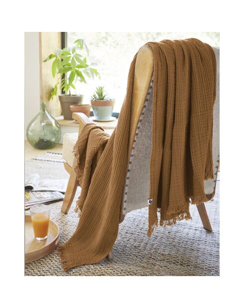 Plaid à franges Gaze de coton Gaïa marron