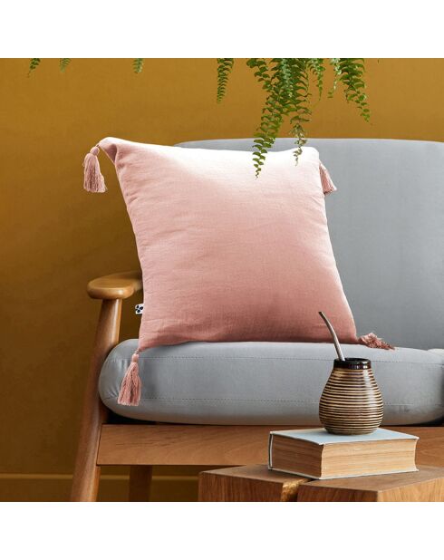 Coussin déhoussable avec pompons Gaze de coton Gaïa rose