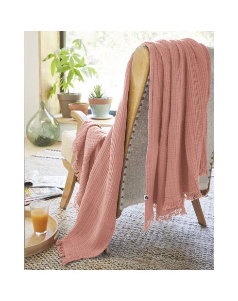 Plaid à franges Gaze de coton Gaïa rose