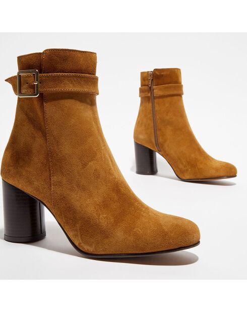 Bottines en Velours de Cuir Nicole camel - Talon 7 cm