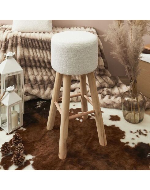 Tabouret bar bouclette Freya blanc/marron - 30x68x30 cm