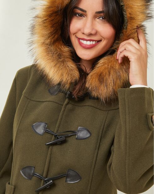 Thea kaki jas met capuchon van imitatiebont