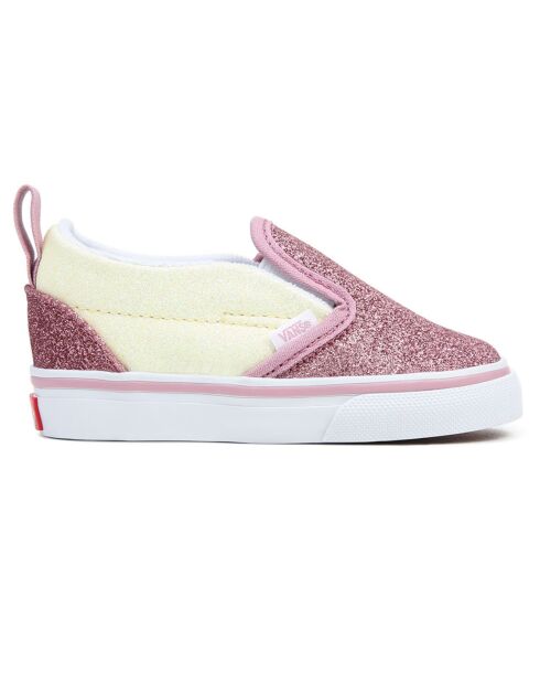 Slip-on rosa/gialli in pelle e tessuto a V