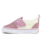 Slipper mit V-Ausschnitt aus Leder und Textil in Rosa/Gelb