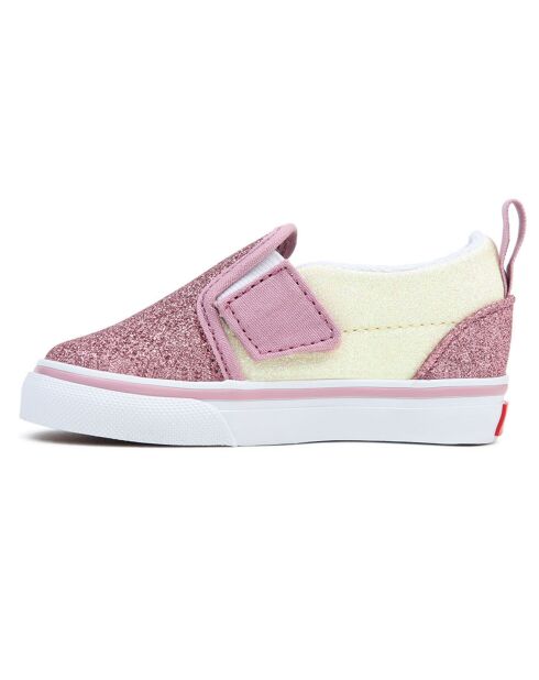 Slip-on rosa/gialli in pelle e tessuto a V