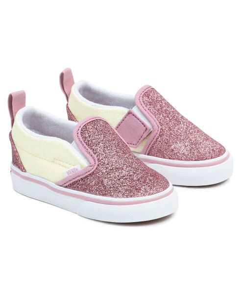 Slip-on rosa/gialli in pelle e tessuto a V