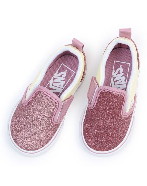 Slip-on rosa/gialli in pelle e tessuto a V