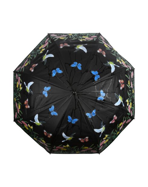 Parapluie droit avec ouverture automatique - Aspect changeant au contact de l'eau de pluie - Motifs oiseaux multicolore