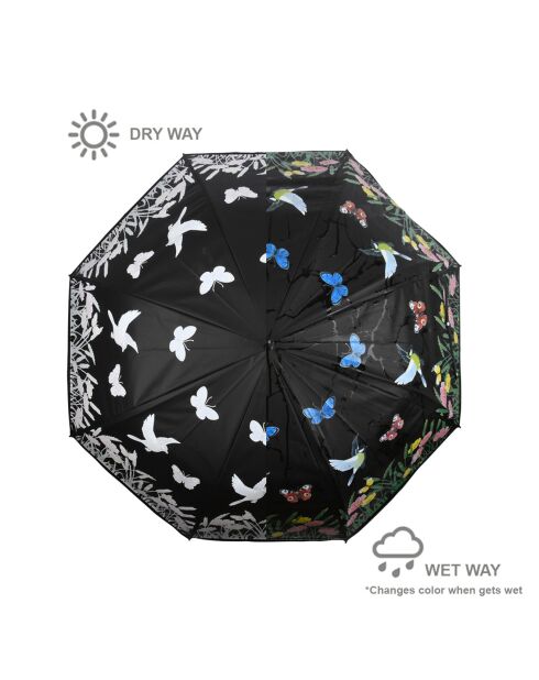 Parapluie droit avec ouverture automatique - Aspect changeant au contact de l'eau de pluie - Motifs oiseaux multicolore