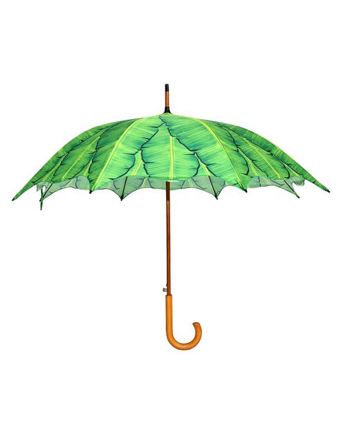 Parapluie droit avec système d'ouverture automatique et manche en bois - Motifs feuilles de banane vert