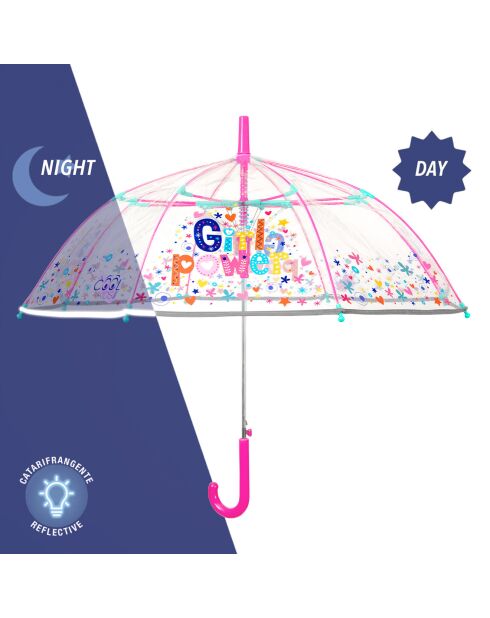 Parapluie cloche enfant avec bordure phosphorescente - Bordure réflechissante pour être visible la nuit - Imprimé girl power transparent