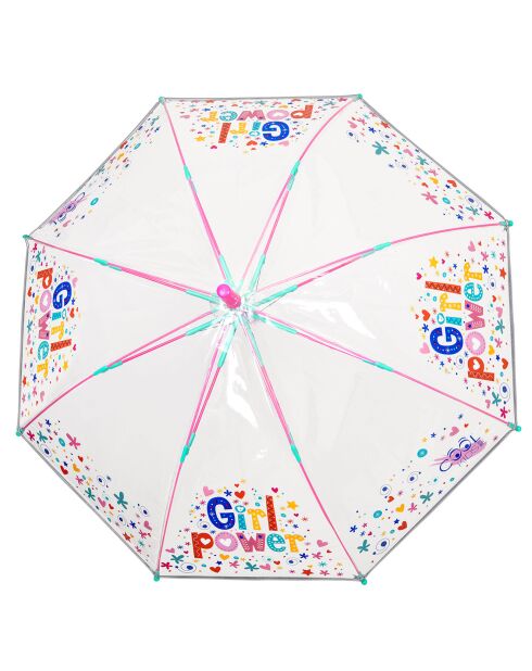 Parapluie cloche enfant avec bordure phosphorescente - Bordure réflechissante pour être visible la nuit - Imprimé girl power transparent