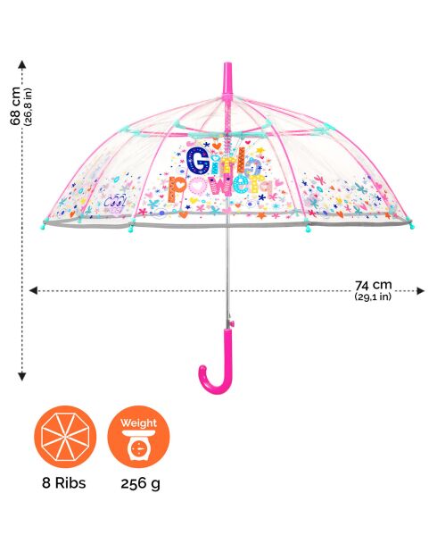 Parapluie cloche enfant avec bordure phosphorescente - Bordure réflechissante pour être visible la nuit - Imprimé girl power transparent