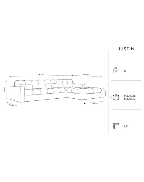 Canapé D'Angle Droit Velours Justin 4 Places gris - 236x160x72 cm