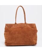 Sac cabas en Velours de Cuir d'Agneau Amélie camel - 44x16x36 cm