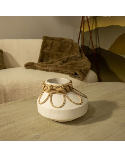 Vaso Nour in cemento e rattan bianco/naturale - D.21x16 cm