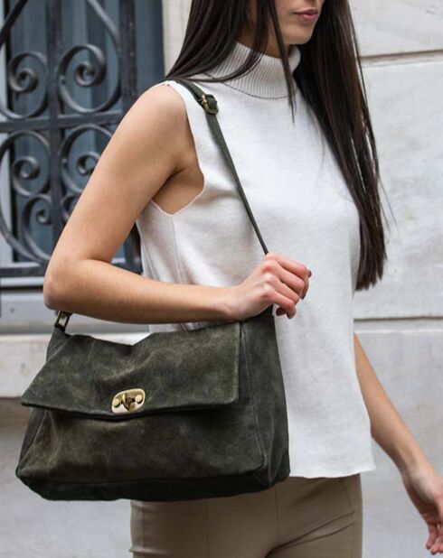 Sac porté épaule en Velours de Cuir Ana kaki - 37x25x10 cm