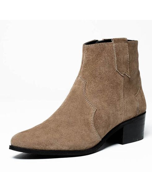 Boots en Velours de Cuir Soleine taupe - Talon 5 cm