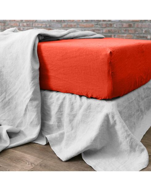 Drap housse en Lin lavé bonnet 30 cm Flamme orange