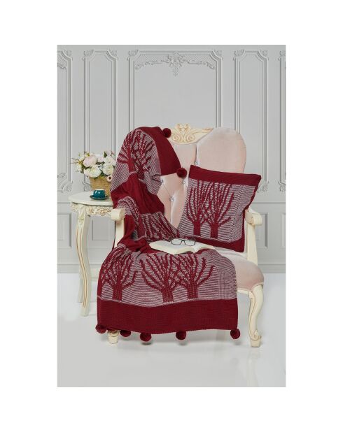 Coussin et plaid tricot bordeaux