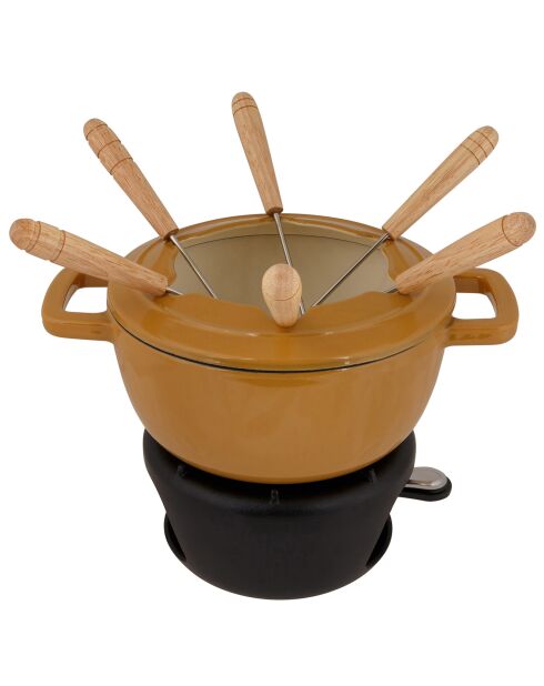 Service à fondue Fontestic avec 6 fourchettes jaune - 18x18x18 cm