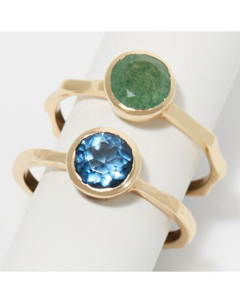 2 Bagues Aventurine verte & Iolite en Laiton doré