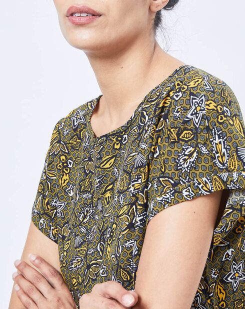 Dschungel-T-Shirt mit khakifarbenem und mehrfarbigem Aufdruck