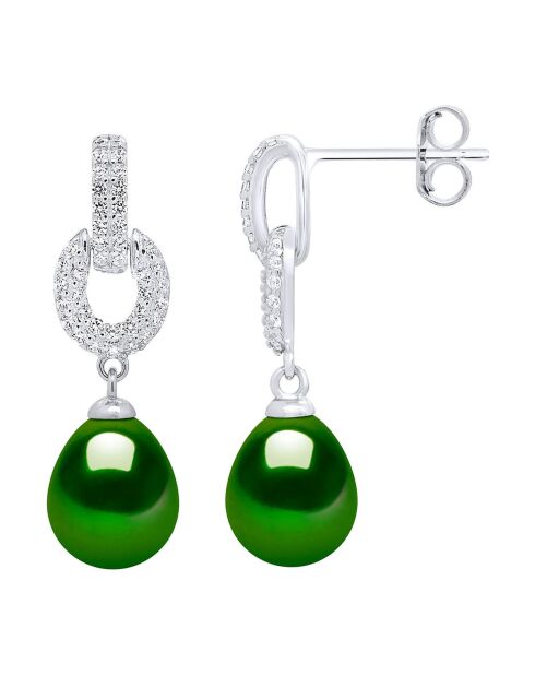 Boucles d'oreilles en Argent Rhodié & Perles de Culture d'Eau Douce poires vert malachite