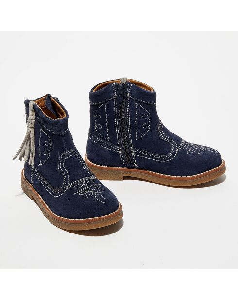 Boots en Velours de Cuir Anka marine