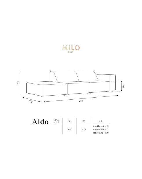 Canapé Gauche Velours Aldo 3 Places beige clair - 262x102x70 cm