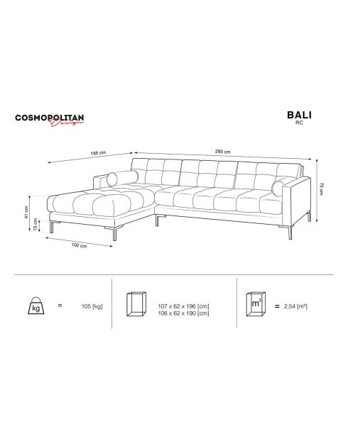 Canapé d'angle Gauche Bali 5 Places gris clair - 293x185x75 cm