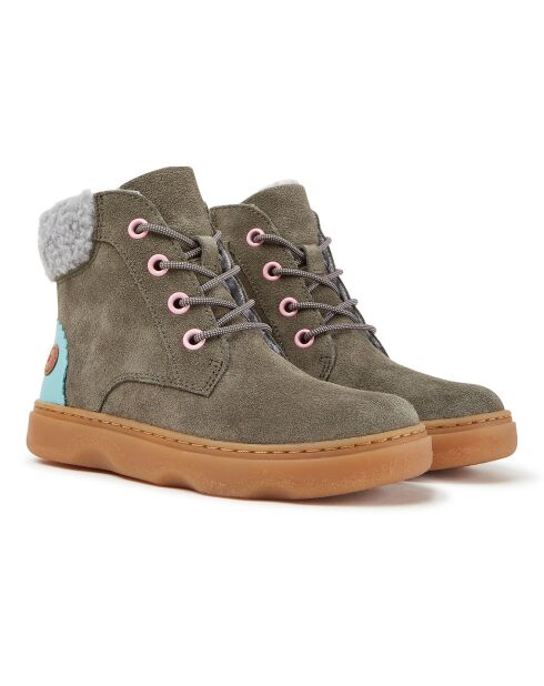 Bottines fourrées en Velours de Cuir Kido vert foncé