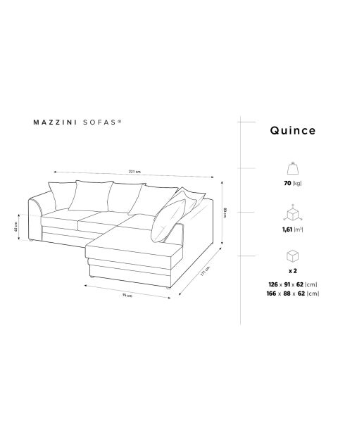 Canapé d'angle Droit Quince Velours côtelé 4 Places beige clair - 221x171x80 cm