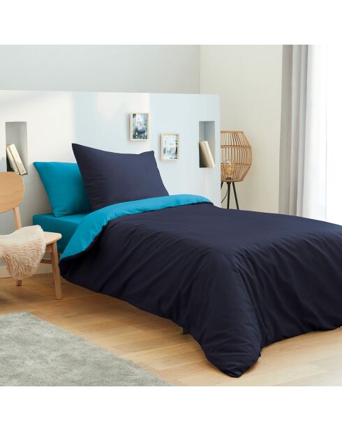 Parure housse de couette , drap housse & taies marine/turquoise - pour lit 90x190 cm