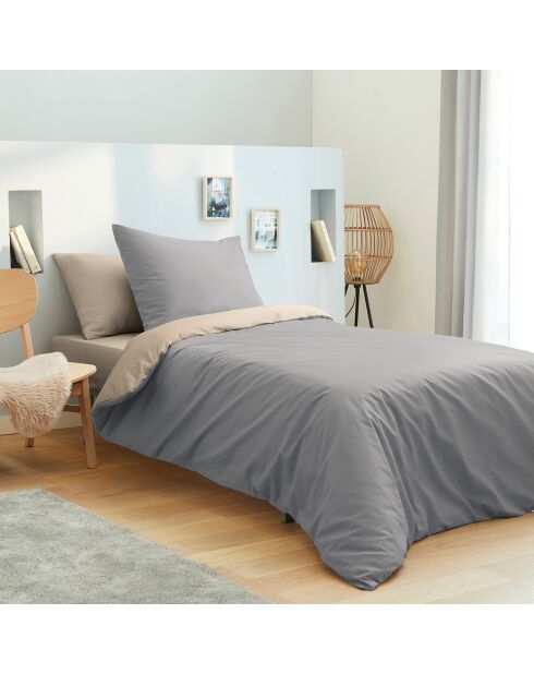 Parure housse de couette , drap housse & taies taupe/lin - pour lit 90x190 cm