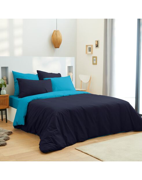 Parure housse de couette, drap housse & taies marine/turquoise - pour lit 160x200 cm
