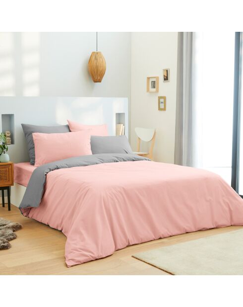 Parure housse de couette, drap housse & taies rose/gris - pour lit 160x200 cm