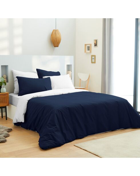 Parure housse de couette, drap housse & taies marine/blanc