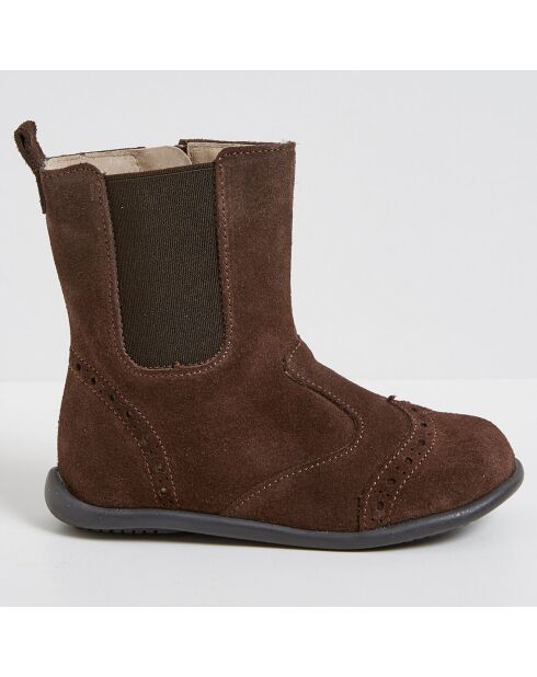 Boots en Velours de Cuir bout fleuri marron foncé