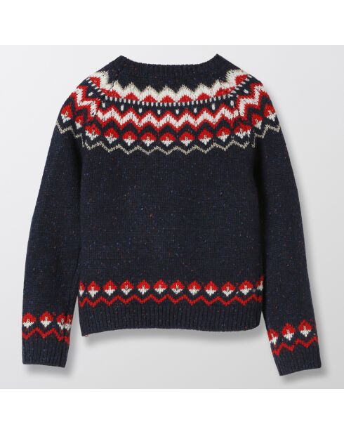 Pull jacquard en Maille mélangée bleu foncé/rouge