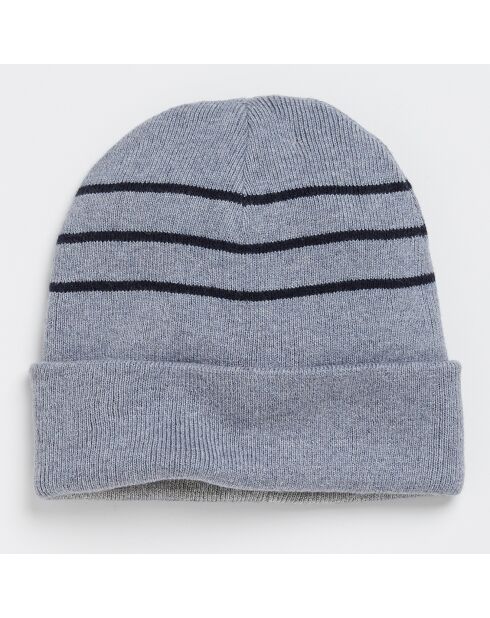 Bonnet réversible en Coton & Cachemire rayé bleu/gris