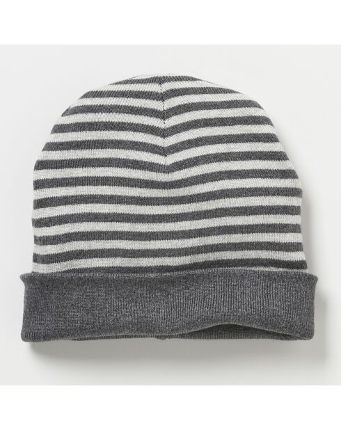 Bonnet réversible en Coton & Cachemire gris/blanc