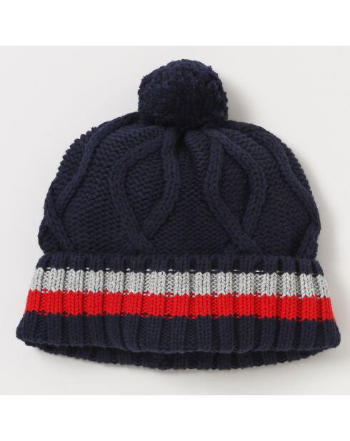 Bonnet en Coton & Laine torsadé rayé bleu foncé