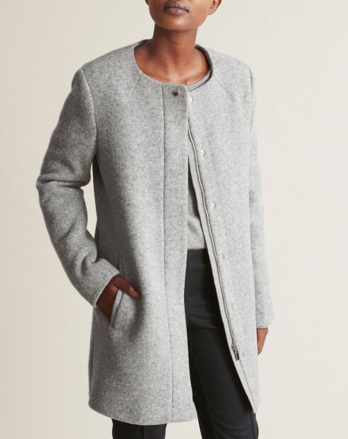 Cappotto in misto lana senza colletto screziato grigio chiaro