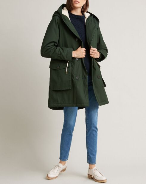 Parka larga con forro sherpa verde oscuro