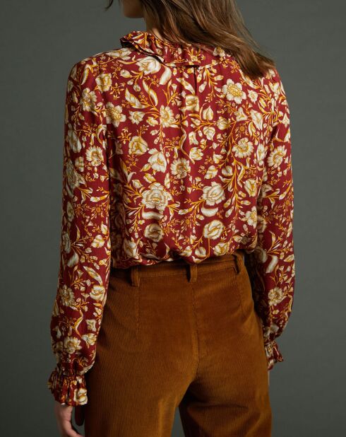 Donkerrode blouse van lavallière crêpe met arabesque print